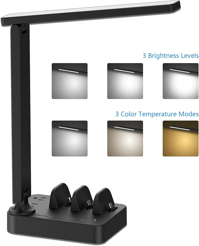 Drevet LED Desk Lamp with Charging Station, Desk Light with 3 USB C Chargers and 2 AC Power Outlets, 3 Lighting Mode, 3 Level Brightness,1H Timer, Touch Control, Eye-Caring Home Office Foldable Lamp