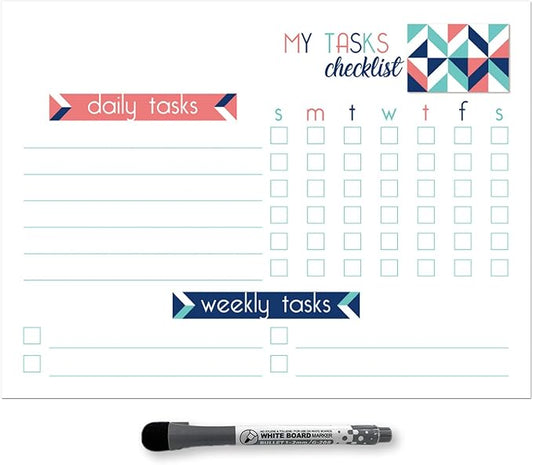 Dry Erase Whiteboard Task Planner | Removable and Restickable Adhesive Decal | Fine-Tip Magnetic Marker Included (9 x 12 inches, Geometric)