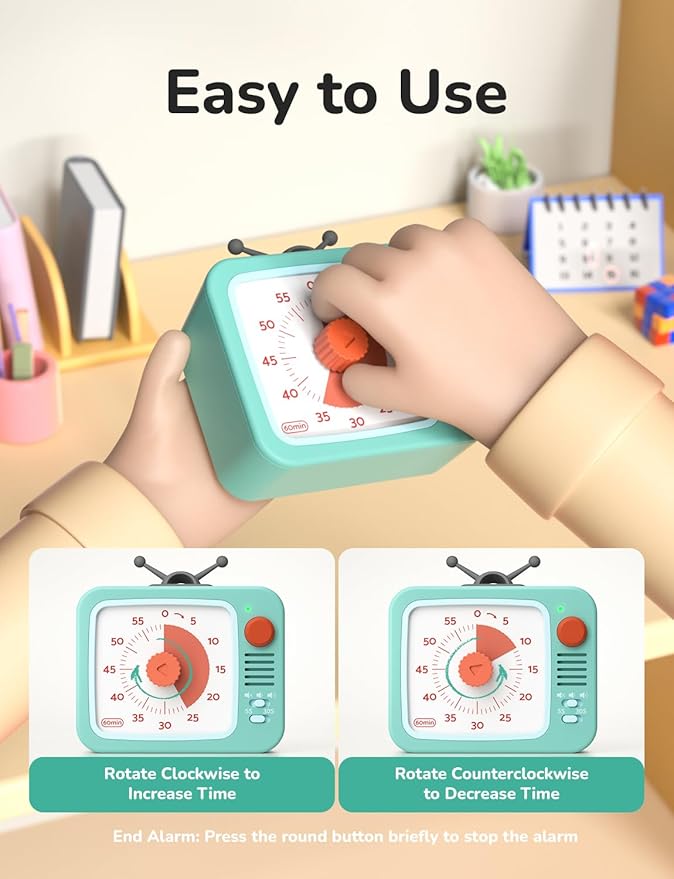 LIORQUE Visual Timer for Kids, 60-Minute Countdown Timers for Classroom Office Kitchen with Silent Operation, Kids Timer for Teaching with Cute Design