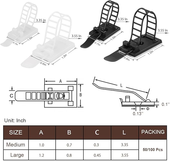 Adhesive Cable Management Clips, 100Pcs Adjustable Nylon Cable Strap Ties Wire Clips Clamps Organizer with Strong Adhesive Tape, Extra Screw & Hole for Strong Fixation Home Office - 3.55 Inch Black