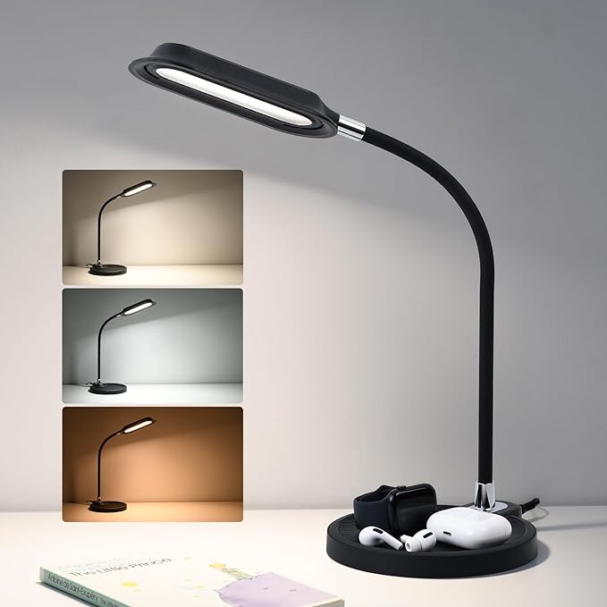 WILIT LED Desk Lamp, 800LM Bright Dimmable Table Lamp with 3 Color Modes, Bedside Lamp with Storage Base, Study Lamp with Adjustable Gooseneck, Reading Lamps for Home Office Dorm (Black)