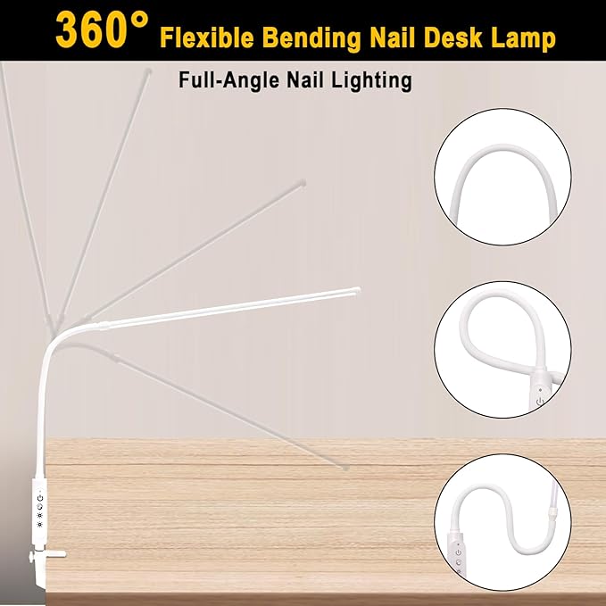 CGBE Nail Light for Desk: 360° Adjustable Nail Lamp for Desk with 3 Color Modes 5 Brightness, 23.6-Inch Led Desk Lamp for Salon Manicurist Tattoo Crafts Sewing Work Reading Game