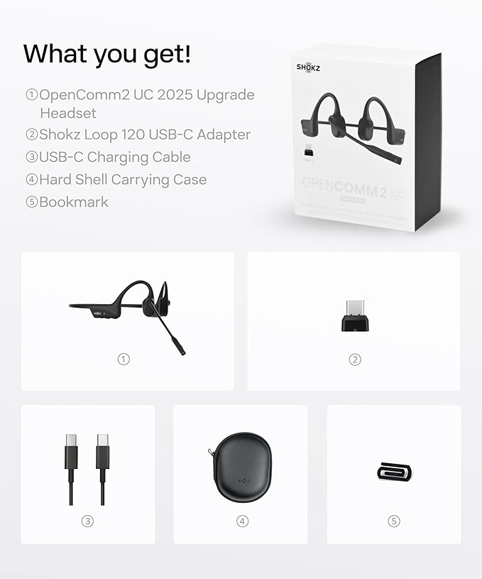 OpenComm2 UC 2025 Upgrade - Open-Ear Wireless Computer Headset with Boom Mic, Bone Conduction Bluetooth Stereo Headphones, USB-C Dongle Compatible with PC and Mac, Zoom Certified - C120 UC