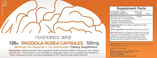 Nootropics Depot Rhodiola Rosea Capsules | 500mg | 3% Rosavins | 120 Count | Adaptogen Herb | Ayurvedic Supplement
