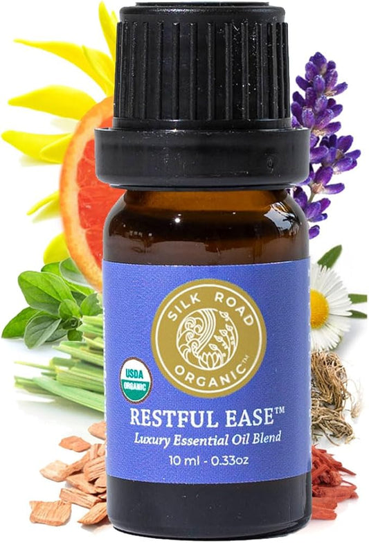 Silk Road Organic Restful Ease Essential Oil Sleep & Stress Blend - 100% Pure USDA Certified with Indian Sandalwood - Stress Ease Aromatherapy & Calming Relaxation - 10 ml Dropper