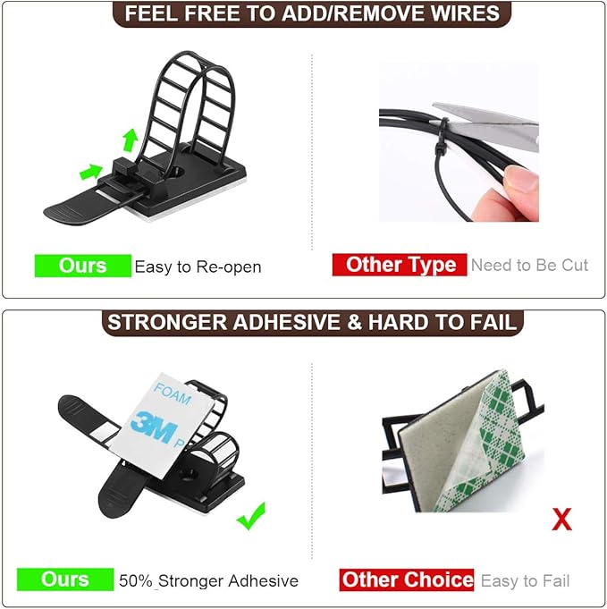 50Pcs Adjustable Adhesive Cable Management Clips, Nylon Cable Strap Ties Wire Clips Clamps Organizer with Strong Adhesive Tape, Extra Screw & Hole for Strong Fixation Home Office - 3.35 Inch Black