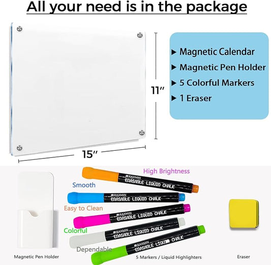Acrylic Note Board Refrigerator Dry Erase Board Magnetic Clear 15”x11 Includes 4 Dry Erase Markers