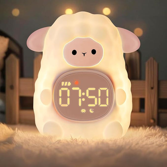 Sheep Alarm Clock with Night Light for Kids with Sleep Training and Sound Machine, Rechargeable Silicone Lamp OK to Wake Clock,Cute Animal Tabletop Lamp, Perfect Sleep Companion for Boys Girls, Pink