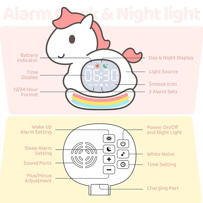 Alarm Clock with Night Light for Kids with Sleep Training and Sound Machine, Rechargeable Silicone Lamp OK to Wake Clock,Cute Animal Tabletop Lamp, Perfect Sleep Companion for Boys Girls,Pink Pony