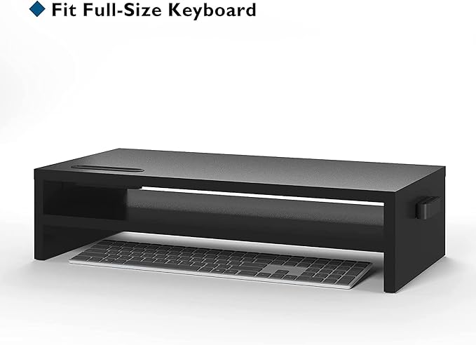 BONTEC Wood Monitor Stand Riser, 2-Tier Desktop Organizer with Storage, Ergonomic Computer Stand for Desk, Cable Management, Cellphone Holder, 21.3 Inch Shelf, Black