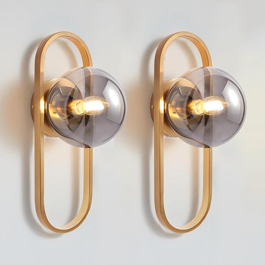 Wall Sconces Set of Two Gold Wall Lamp Sconces Wall Lighting with Grey Globe Glass Shade Wall Lights Sconces Wall Decor Set of 2 Wall Lights for Living Room Wall Lamps for Bedrooms Set of 2