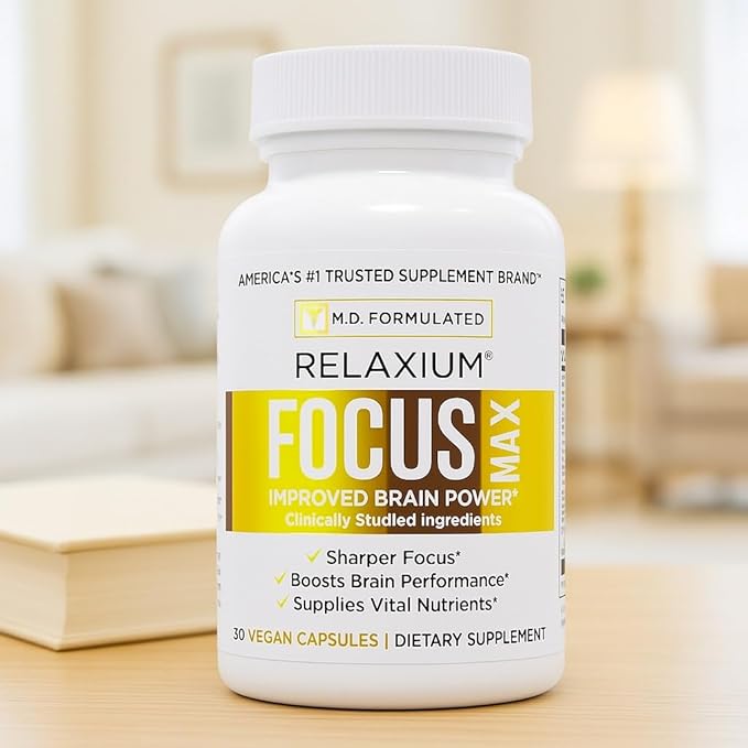 Relaxium FocusMax, Brain & Focus Health Supplement, Mental Clarity Support, Proven Concentration, Focus, Memory, & Nootropics Booster, USA-Manufactured, 30 Vegan Capsules