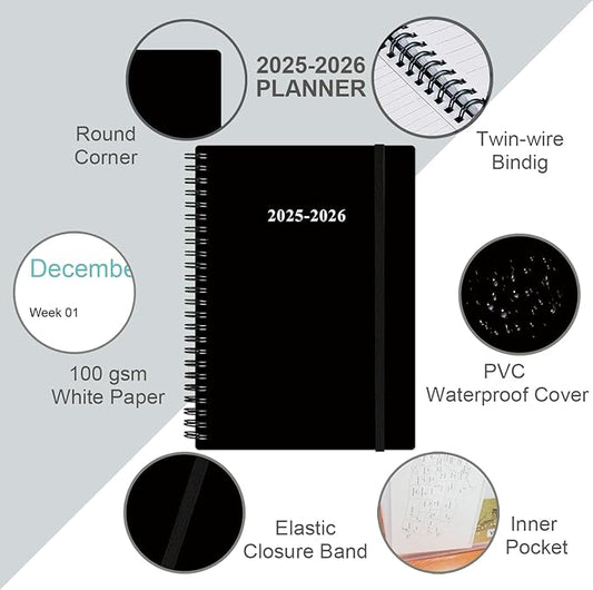 2025-2026 Planner - 18 Months Weekly & Monthly Planner from July 2025 - December 2026, Spiral Planner 2025-2026 with Elastic Closure, Inner Pocket, Medium 5.8" x 8.3", Black