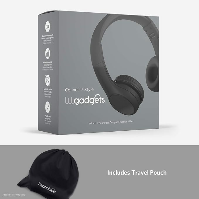 LilGadgets Connect+ Style On-Ear Kids Headphones with Microphone - SharePort Technology, SoftTouch Padding, Detachable Cable, Noise Reduction, Durable & Adjustable - Black - Wired Headphones with Mic