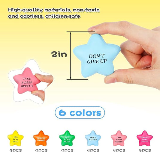 LovesTown 24PCS Inspirational Stress Relief Balls: 2inch Star, Motivational Stressballs with Colorful Foam Squeeze Balls for Kids & Adults