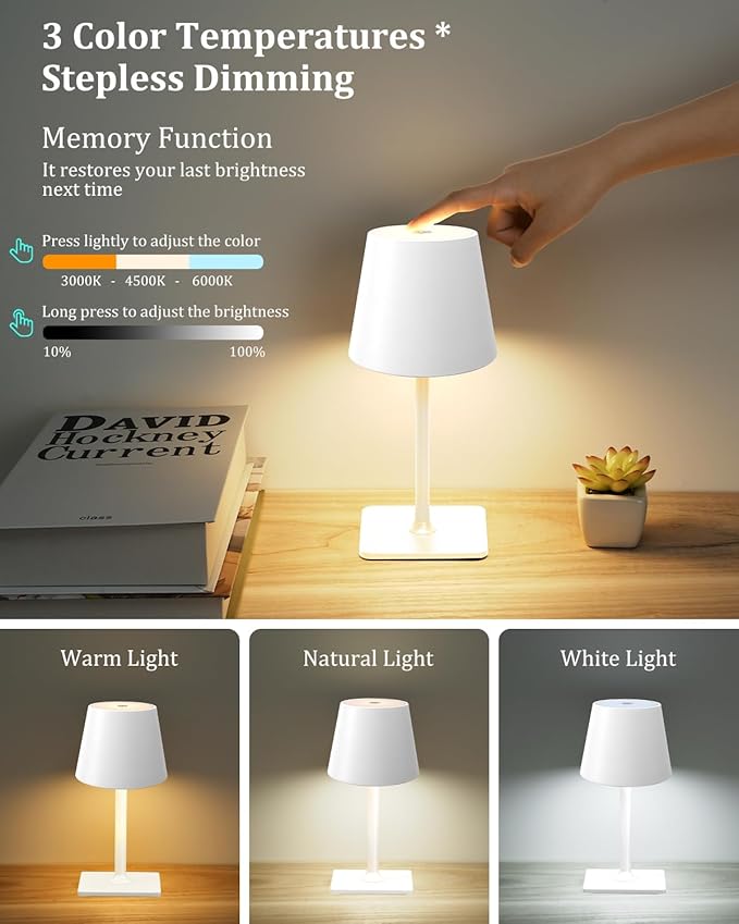Cordless Table Lamp Rechargeable Lamps: 6000mAh Battery Operated Table Lamp Outdoor Waterproof, Touch Control, Portable Wireless Desk Lamp for Dinner/Bedroom/Restaurant (White2 Pack
