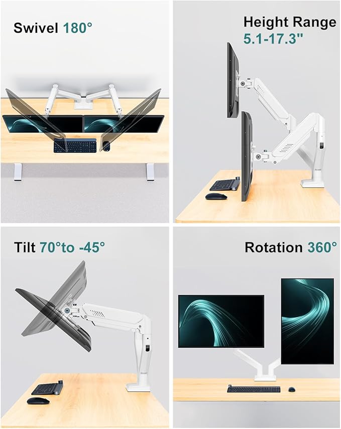 Dual Monitor Arm Desk Mount Fits 13 to 32 inch Computer Screens, Holds 4.4 to 22lbs Display VESA Mount, Adjustable Double Monitor Stand with Clamp/Grommet Base, 75/100mm Bracket, White, Freelift