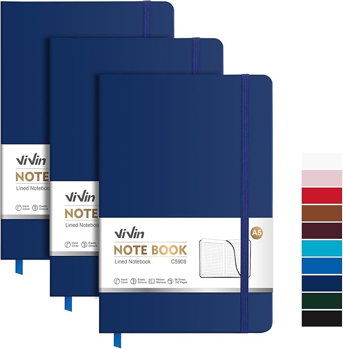 ViVin Lined Journal Notebooks, 3 Pack, (Navy), 192 Pages, Medium 5.5 x 8.3 inch, College Ruled, A5 Hardcover Notebooks, Journaling Notebooks for Writing, Business, School