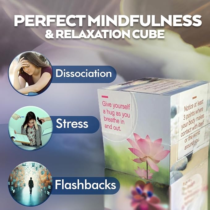 Mindfulness Grounding Cube for Anxiety Relief | Visual Meditation Fidget Toy for Adults & Teens | 9 Stress Relief Techniques for Emotional Support, Balance, Focus & Dissociation