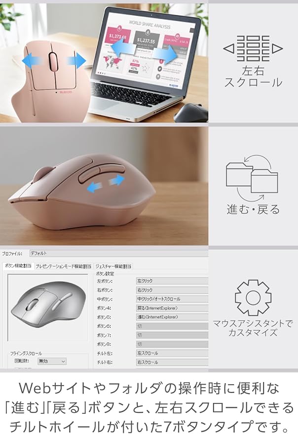 ELECOM Shellpha Bluetooth Wireless Mouse, Silent Click, Ergonomic 7 Programmable Buttons, Connect to 3 Devices, 2.4GHz USB Multi-Device Connection, Tilt Scroll, 2000 DPI, PC Laptop Mouse (Pink)