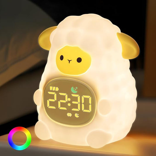 Sheep Alarm Clock with Night Light for Kids with Sleep Training and Sound Machine, Rechargeable Silicone Lamp OK to Wake Clock,Cute Animal Tabletop Lamp, Perfect Sleep Companion for Boys Girls