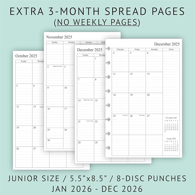 2026 Weekly & Monthly Planner Refill for 8-Discbound Planners, Two Pages Per Week, Junior Size, 5-1/2"x8-1/2"