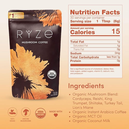 RYZE SUPERFOODS Mushroom Coffee USDA Organic with 6 Adaptogenic Mushrooms and MCT Oil, USA Grown Instant Coffee for Better Energy, Focus, Digestion, Immunity with Lions Mane & Turkey Tail, 30 servings