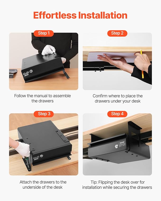 VEVOR Under Desk Lockable Slide Out Drawer, 13 inch Under Desk Pull-out Drawer for Sit Stand Workstation, Secure Under Counter Drawers for Home Office Storage Organizer, Black