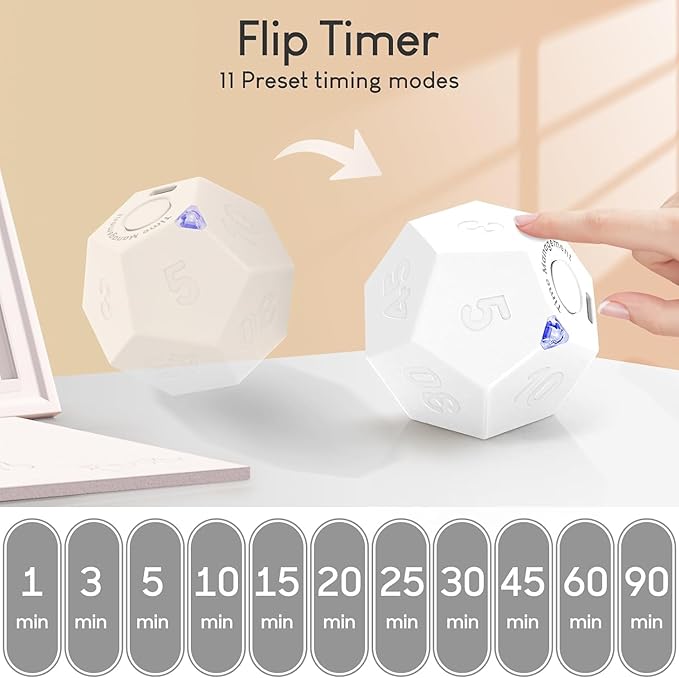Mini 12 Sided Cube Timer, 11 Preset Times Pomodoro Timer for Enhanced Productivity. Ideal for ADHD Management, Workout, Study & Kitchen Cooking. Easy to Use(White)