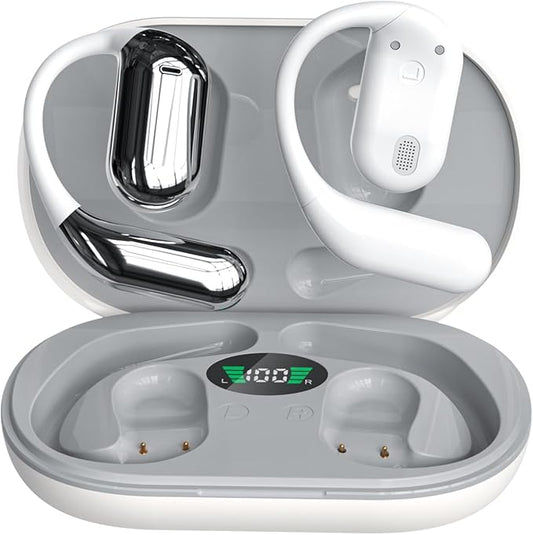Wireless Earbuds Bluetooth Earbuds Built-in Mic with Ear Hooks 50H Playtime Ear Buds LED Display Charging Case Waterproof Design for Running Fitness (White)
