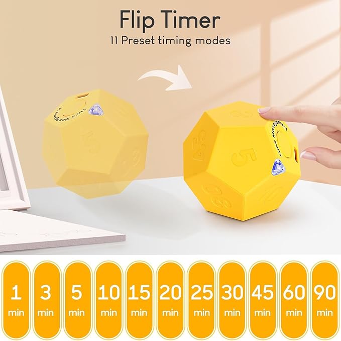 Mini 12 Sided Cube Timer, 11 Preset Times Pomodoro Timer for Enhanced Productivity. Ideal for ADHD Management, Workout, Study & Kitchen Cooking. Easy to Use (Yellow)