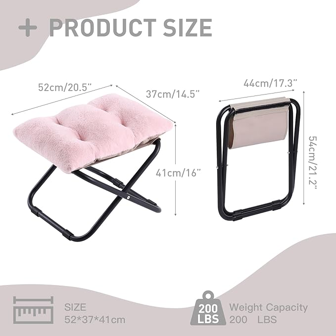 LITA Folding Footrest Stool, Portable Ottoman Foot Rest, Upholstered Small Foldable Ottoman Stool with Detachable Thick Cotton Cushion Padded Sofa Stool for Living Room, Bedroom, Plush Pink