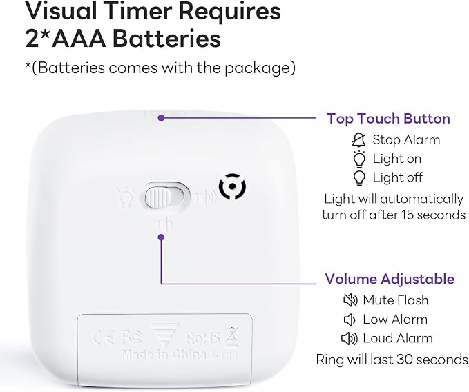 Yunbaoit Visual Timer with Night Light, 60-Minute Countdown Timer for Kids and Adults, Silent Classroom Timer, Time Management Tool for Home, School, or Work (Purple)