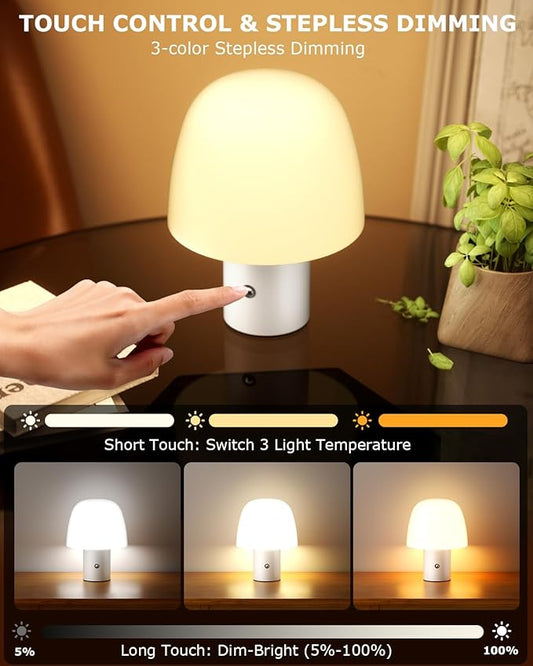 Portable LED Table Lamp, Cordless Desk Lamp Rechargeable, 3-Color Touch Stepless Dimming Night Light for Bedroom/Children's Room/Terrace/Dining Room/Cafe (White)