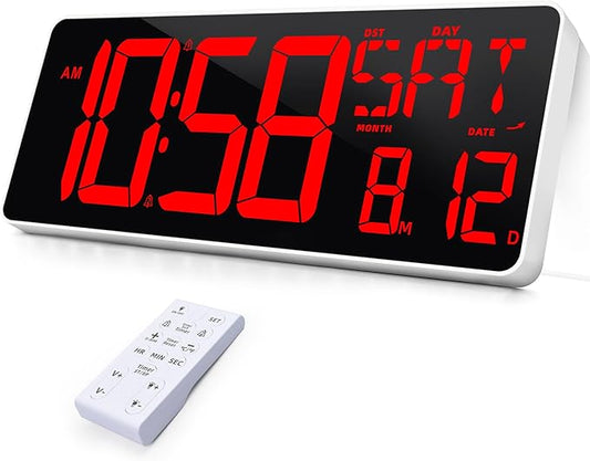 TXL 13.7 Inch Large Digital Wall Clock with Remote Control,LED Desk Clock Digital with DST/Calendar/Temperature/Timer Function, Auto Dimmer, Large Display for Classroom/Office (Red)