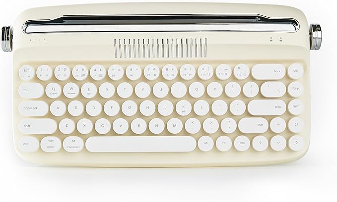 YUNZII Upgraded Wireless Typewriter Keyboard, Retro Aesthetic with Integrated Stand,Cute Round Keycaps, USB-C/Bluetooth Connection for Table, Phone, PC and Win/Mac/Android (B307, Ivory Butter)