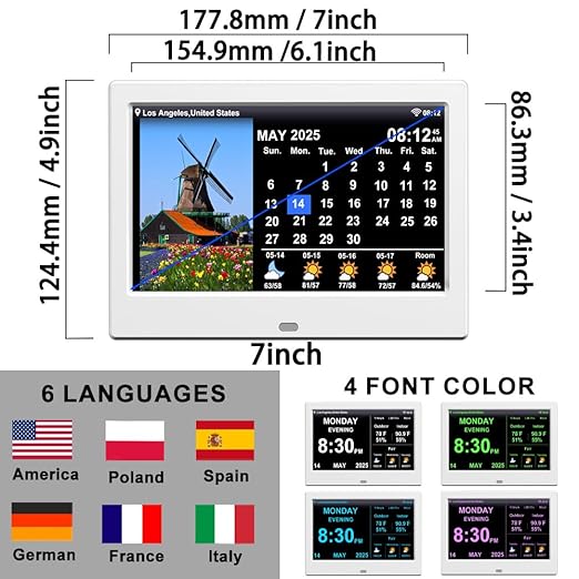 2025 New Digital Clock with Temperature/Humidity & Weather Forecast, Auto Time Sync Large Display, Custom Alarms & Medication Reminders, Ideal for Elderly(White, 7-Inch)