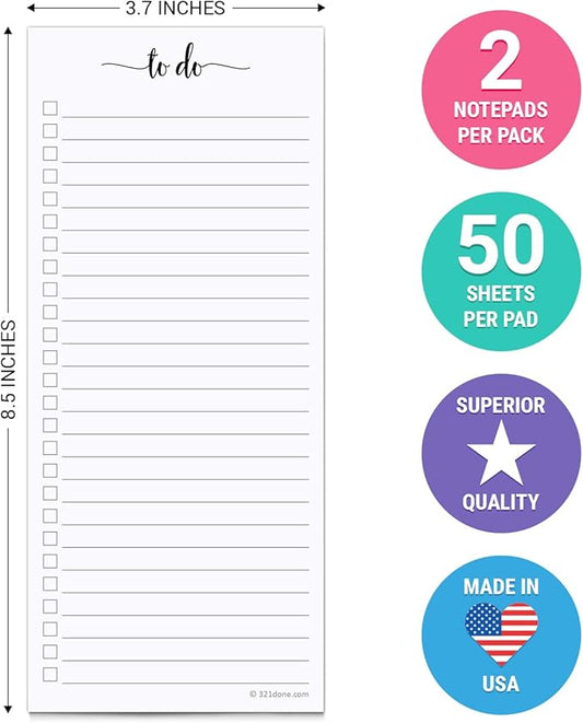 321Done 2-Pack Skinny To Do List Notepad, Made in USA - 3.7x8.5, College Ruled, Simple Stylish To-Dos Memo Pad for Planning, Tasks, Appointments, Reminders, Home, Office - 50 Sheets per Pad