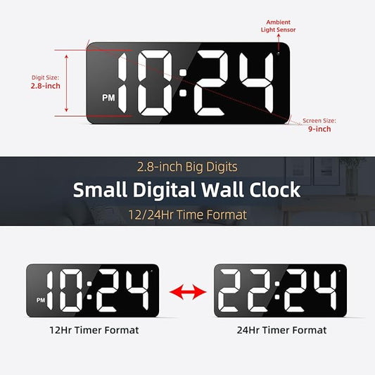 LED Digital Wall Clock with Large Display, Big Digits, Auto-Dimming, 12/24Hr Format, Modern Electric Small Silent Wall Clock for Living Room, Bedroom, Classroom, Farmhouse, Kitchen, Office - White