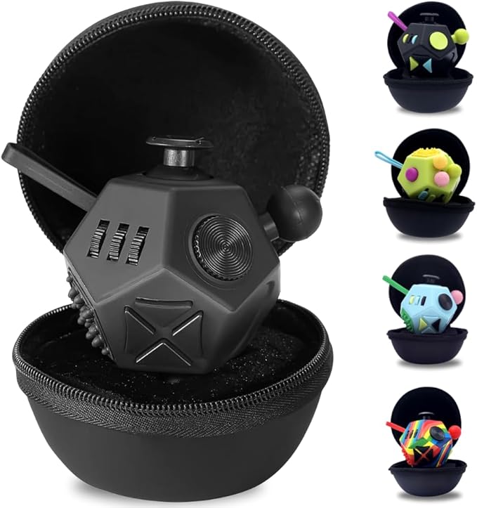 PILPOC theFube Fidget Cube with 12 Sides - Handy Anxiety Toys for Kids and Adults - Fidget Dice for Stress Relief & Focus - Anti Stress Cube for ADHD, ADD, with Carry Case Black