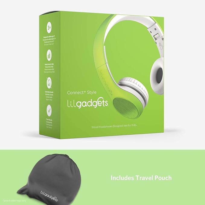 LilGadgets Connect+ Style On-Ear Kids Headphones w/Microphone - SharePort Technology, SoftTouch Padding, Detachable Cable, Noise Reduction, Durable & Adjustable, Green Kids Headphone with Microphone