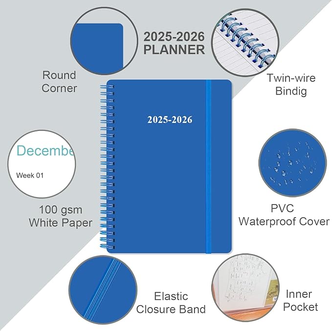 2025-2026 Planner - 18 Months Weekly & Monthly Planner from July 2025 - December 2026, Spiral Planners 2025-2026 with Elastic Closure, Inner Pocket, Medium 5.8" x 8.3", Blue
