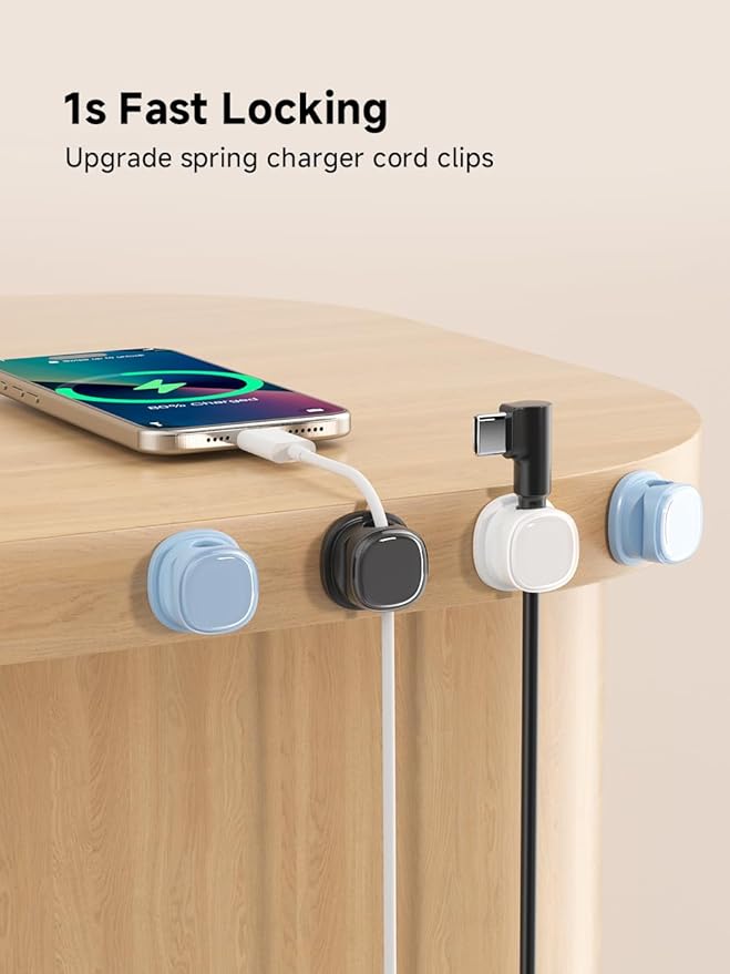 9 Pack Cord Organizer, Spring Cable Management, Adhesive Cute Cable Holder Clips, Phone Charger Wire Keeper for Desk Nightstand Car Office (9-Pack White_Blue_Black)