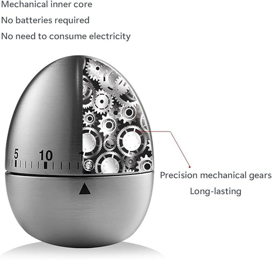 Egg Kitchen Timer Manual, Stainless Steel Mechanical Rotating Alarm 60 Minutes Count Down Cute Egg-Shaped Timer for Kitchen Cooking Learning Kids Sports