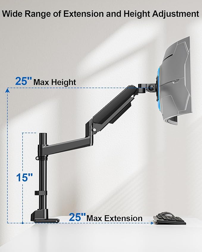 Heavy Duty Single Monitor Mount for Max 49 inch, Hold 4.4 to 44 lbs Ultrawide Screens, Premium Monitor Arm for Samsung Odyssey G9 and More, Adjustable Gas Spring Desk Stand, VESA Mount
