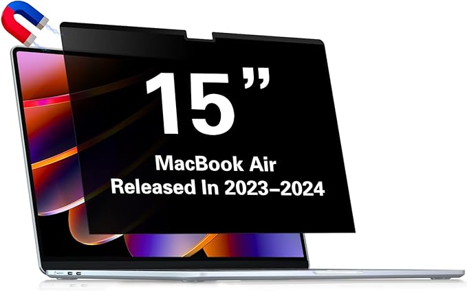 Privacy Screen for Macbook Air 15 inch (2023-2024, M2, M3), MagicSuction Removable Anti Glare Blue Light Macbook Air Privacy Screen 15 inch Protector Filter, Anti Spy and Easy Install Shield