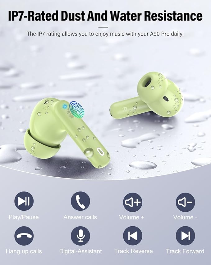 Wireless Earbuds, Bluetooth 5.4 Headphones Bass Stereo, Ear Buds with Noise Cancelling Mic, IP7 Waterproof in Ear Earphones, 36H LED Display Bluetooth Earbuds for Laptop Pad Phones Sports, Grass Green