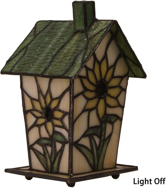 Bieye L10781 Tiffany Style Stained Glass Birdhouse Table Lamp for Home Decor (7-inch High, Sunflower)