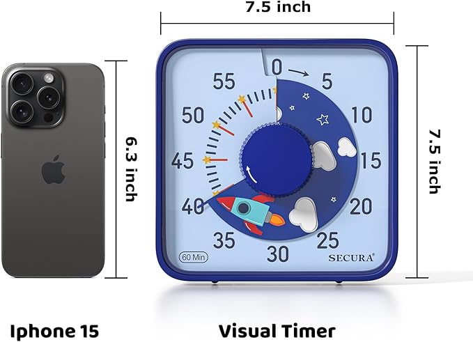 Secura 7.5-Inch Rocket Pattern Visual Timer for Kids, 60-Minute Countdown Timer for Classroom or Kitchen, Durable Mechanical Timer Clock with Magnetic Backing (Blue)