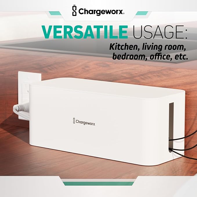 ChargeWorx Cable-Management Box Set, Cord Organizer, Cable Box to Hide Surge Protectors and Power Strips, Desk and Floor Cord Management, Home Office and TV Wire Concealer, White